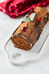 Bush de Noel Christmas Log Cake and New Year background. Copy space.