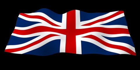 Waving flag of the Great Britain. British flag on black background. United Kingdom of Great Britain and Northern Ireland. State symbol of the UK. 3D illustration