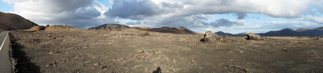 Panorama from the volcanic landscapes of Timanfaya National Park, Lanzarote, Canary islands