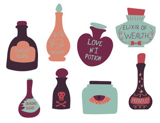 Set of colorful magic cartoon bottles and love potions. Vector illustrations of magic elixirs in flat style