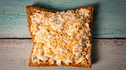 TOAST with egg. Healthy breakfast or snack. copy space, top view