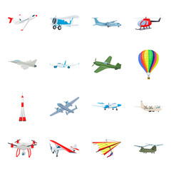 Vector illustration of plane and transport symbol. Set of plane and sky stock symbol for web.