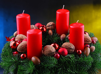 Traditional Advent Christmas decoration with spruce and candles