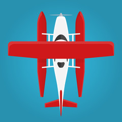 Airplane in the air top view. Flying an airplane with a shadows. Hydroplane view from above isolated from the background. Simple design. Flat style realistic vector illustration.