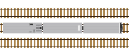 Modern train on rails isolated on white background. Railway station with wagons from above. Top view. Simple realistic style. Cartoon flat style vector illustration. © Ihor