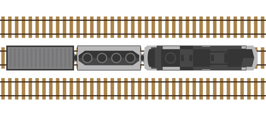 Modern train on rails isolated on white background. Railway station with wagons from above. Top view. Simple realistic style. Cartoon flat style vector illustration. © Ihor