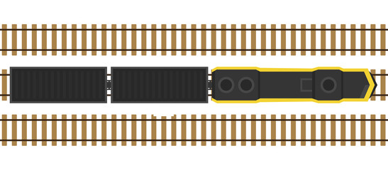 Modern train on rails isolated on white background. Railway station with wagons from above. Top view. Simple realistic style. Cartoon flat style vector illustration.