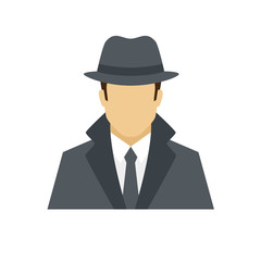 Detective avatar icon. Profession logo. Male character. A man in professional clothes. People specialists. Flat simple vector illustration.