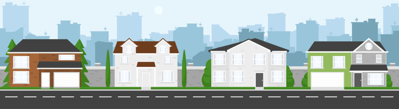 High quality horizontal background of cityscape with houses, trees, road,  and city silhouette. Simple 2d background for game. Cartoon street.  Beautiful urban template. Flat style vector illustration. Stock Vector |  Adobe Stock
