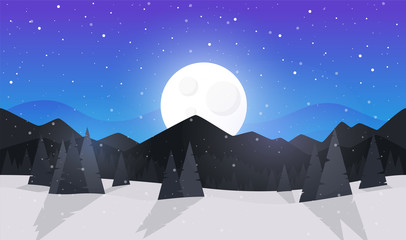 Obraz premium Winter forest. Night silhouette. Forest with fir trees and pines. Blue sky with stars and moon. Simple modern design. Template for banner or poster. Place for text. Flat style vector illustration.
