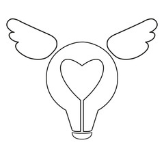 Linear black and white pattern of wings, hearts and light bulbs. Humorous vector illustration for Valentine's Day. Isolated on white background.