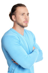 Portrait of handsome hipster man on white background