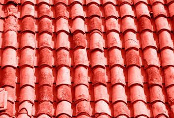 Living Coral color Old tile roof background.