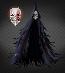 Spirit of death, scary ghost, evil demon in ragged cloak with hood realistic vector isolated on transparent background. Creepy monster costume and skull mask with glowing red light eyes illustration