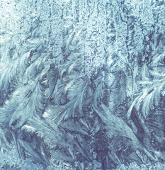 Frostwork. Decorative ice crystals on a window. Winter vibes