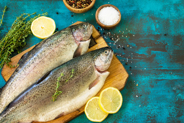 Fototapeta na wymiar Fresh Fish. Raw Salmon, Lemon and Spice on a blue slate table.Copy space.