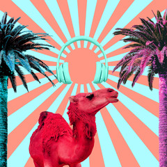 Minimal Contemporary collage art. Camel on a tropical background.  Summer misic concept