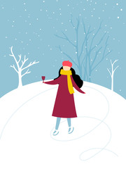 Single girl skating on ice rink holding a glass of hot wine, winter outdoor activity. Flat illustration, winter holidays fun.