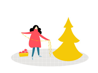 Girl standing and holding a garland, decorating a Christmas tree. Flat illustration of room, cozy winter scene.