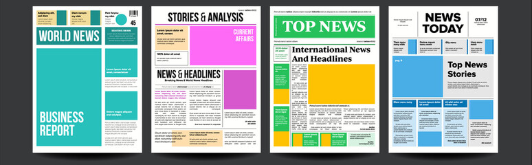 Newspaper Cover Set Vector. Paper Tabloid Design. Daily Headline World Business Economy And Technology. Text Articles, Images. World News Economy Headlines. Tabloid. Breaking. Illustration