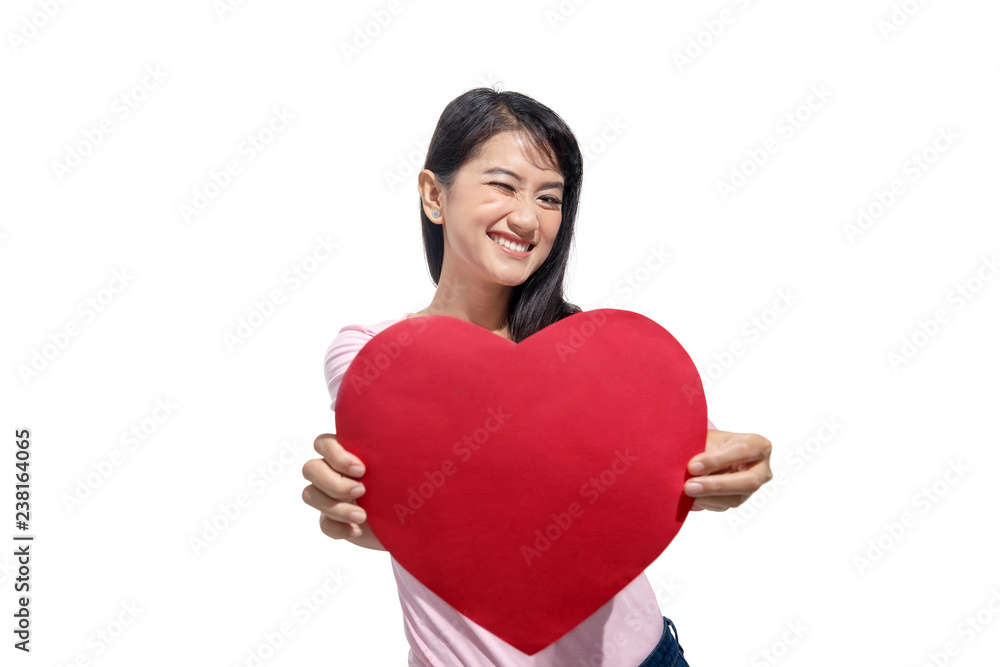 Poster Portrait of asian woman holding red paper heart