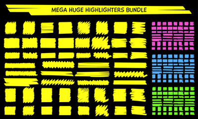 Yellow highlight marker scribble set vector illustration. Hand drawn highlight square and rectangle stripes in yellow and blue, pink and green marker neon colors for whiteboard school style design