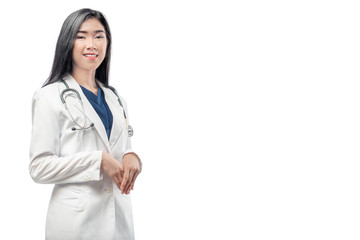 Beautiful asian woman doctor in white lab coat and stethoscope