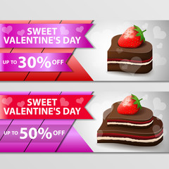 Two discount banners for Valentine's day with chocolate candy in the form of hearts and strawberries