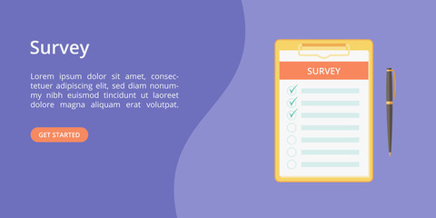 Feedback survey form on clipboard landing page concept Online customer feedback service web template with clipboard, survey check list and pen on violet background. Vector landing illustration