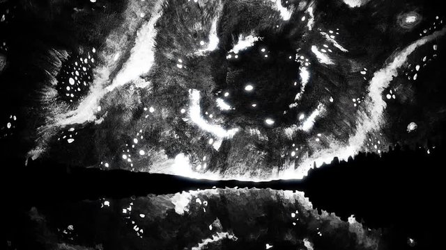 Black-white galaxy. Animation with oil painting effect on canvas. Landscape with black siluets of hills and lake with reflection of black-white night sky