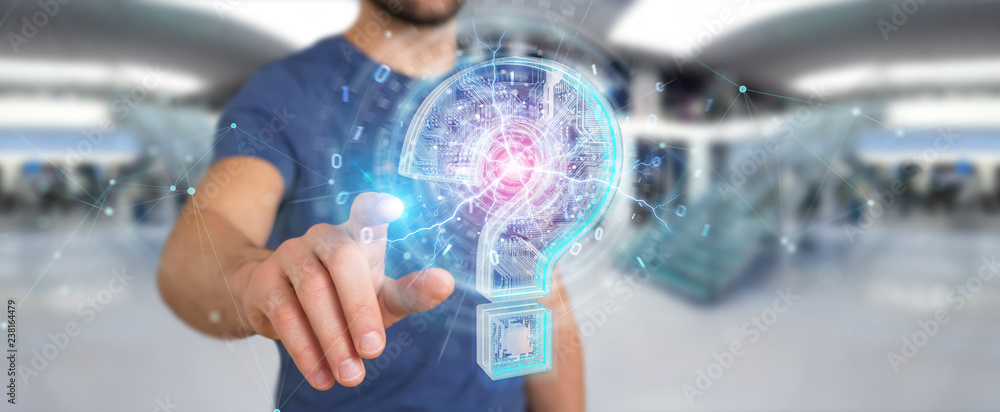 Leinwandbilder businessman solving problem with digital question marks 3d rendering