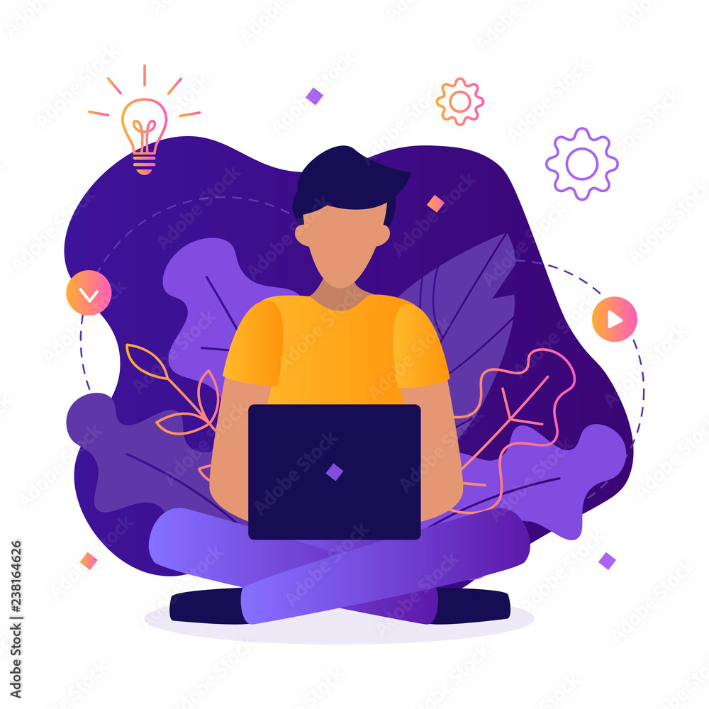 Fototapete The developer works at the computer. Business process, workplace. Web development concept. Flat vector illustration.