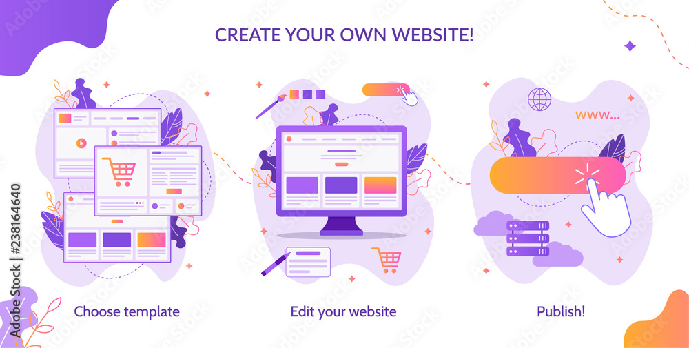 Poster three simple steps to create your own website. web development. website builder infographic. flat ve