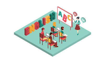 Isometric vector interior of English class. Teacher standing near board with pointer. Students with laptops and books