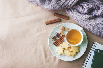 Cup of tea with lemon and cookies, honey and cinnamon sticks, star anise on the blanket.. Christmas, winter concept.