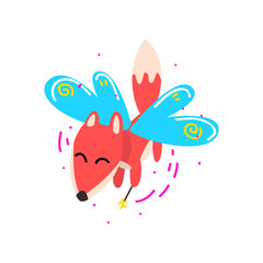 Cute winged fox flying with a magic wand, fantasy fairy tale animal cartoon character vector Illustration