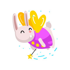Cute winged bunny flying with a magic wand, fantasy fairy tale animal cartoon character vector Illustration
