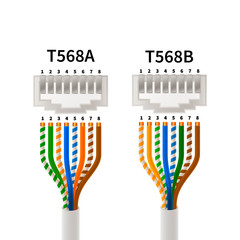 RJ45 crossover pin assignment in T568A and T568B connections types, infographic scheme - 238165239