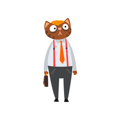 Businessman cat in formal clothes with briefcase, humanized animal cartoon character at work vector Illustration