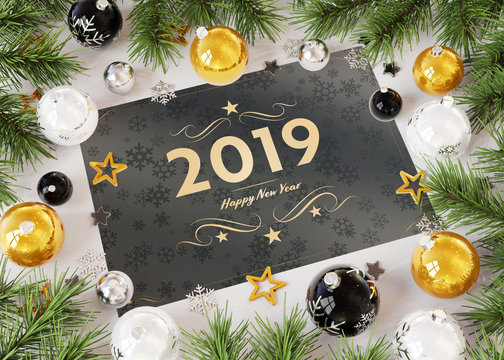 2019 greetings card with golden baubles 3D rendering