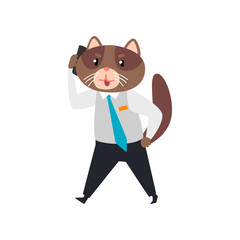 Businessman cat talking on the phone, humanized animal cartoon character at work vector Illustration