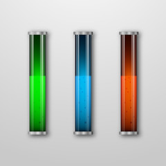 Chemical laboratory transparent, glowing, flask set with green, blue and red liquids. Vector illustration.