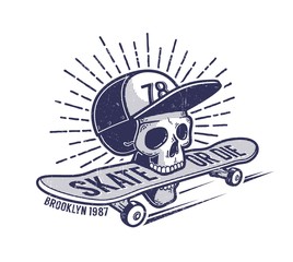 Skull in baseball cap keeps skateboard in his mouth - urban retro skateboarding emblem tattoo. Worn grunge texture on a separate layer © Agor2012