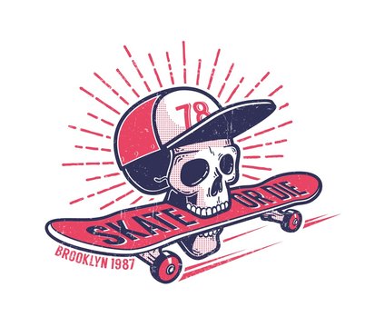 Cool youth skateboarding authentic retro street emblem with skull in baseball cap and  skateboard. Grunge worn texture on separate layer.