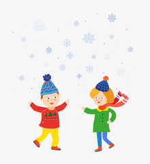 Kids playing at winter under the snow scene. Vector graphic illustration