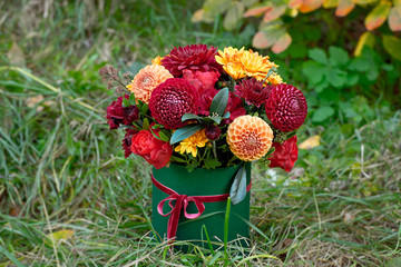 Close-up flower-box as a gift concept for wedding, birthday, event, celebration, flowers delivery, surprise.