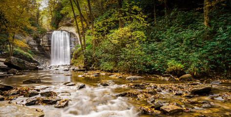 Looking Glass falls in the Appalachians of North Carolina in late autumn with fall color foliage
