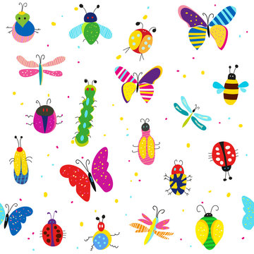 Bugs, butterflies and other insects seamless pattern, cute design. Vector graphic illustration