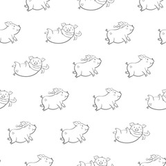 Seamless pattern with lovely cute cheerful piggies. Winter background in hand drawn style.