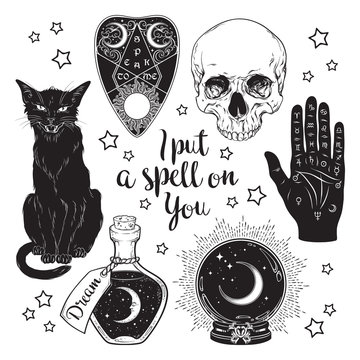 Magic set - planchette, skull, palmistry hand, crystal ball, bottle and black cat hand drawn art isolated. Ink style boho chic sticker, patch, flash tattoo or print design vector illustration.